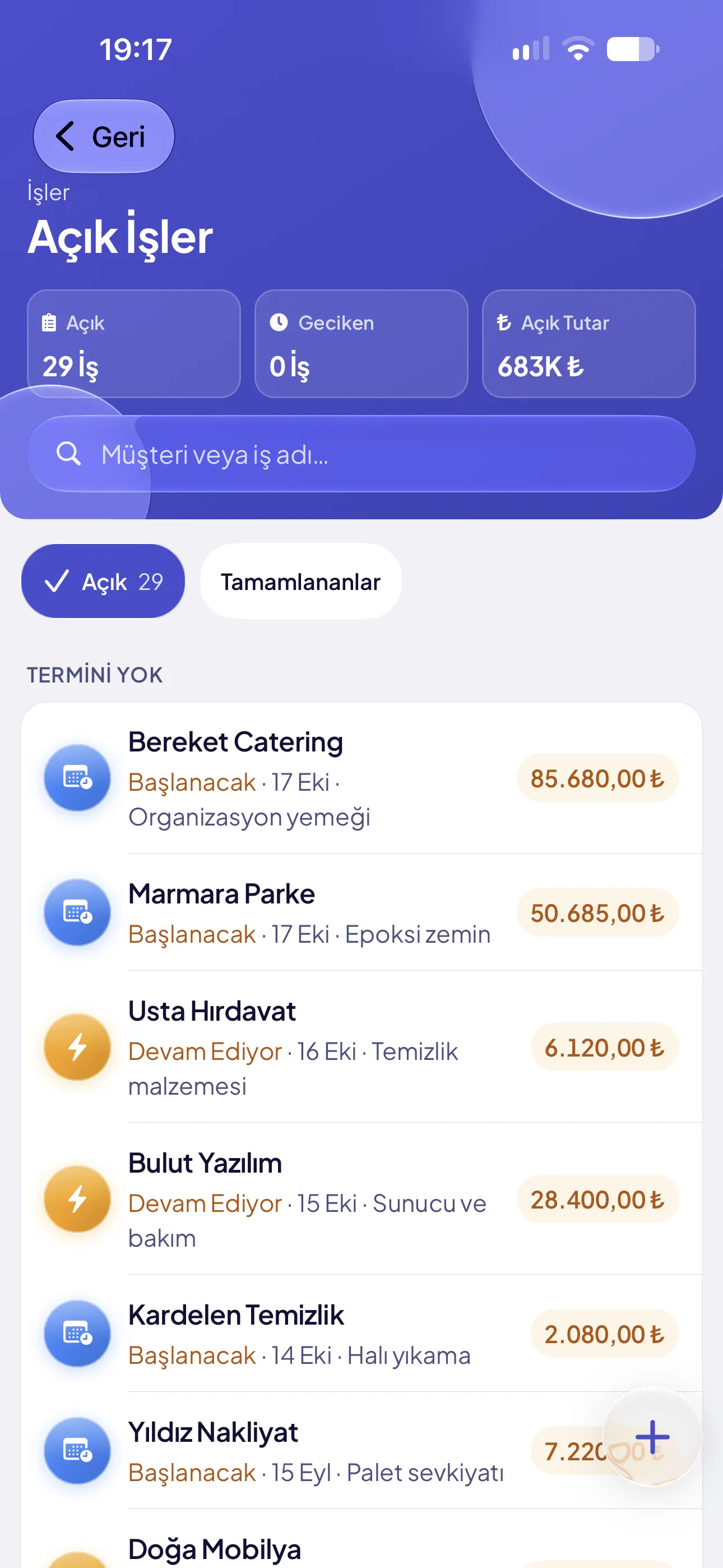 Açık İşler ekranında başlanacak organizasyon yemeği ve diğer işler