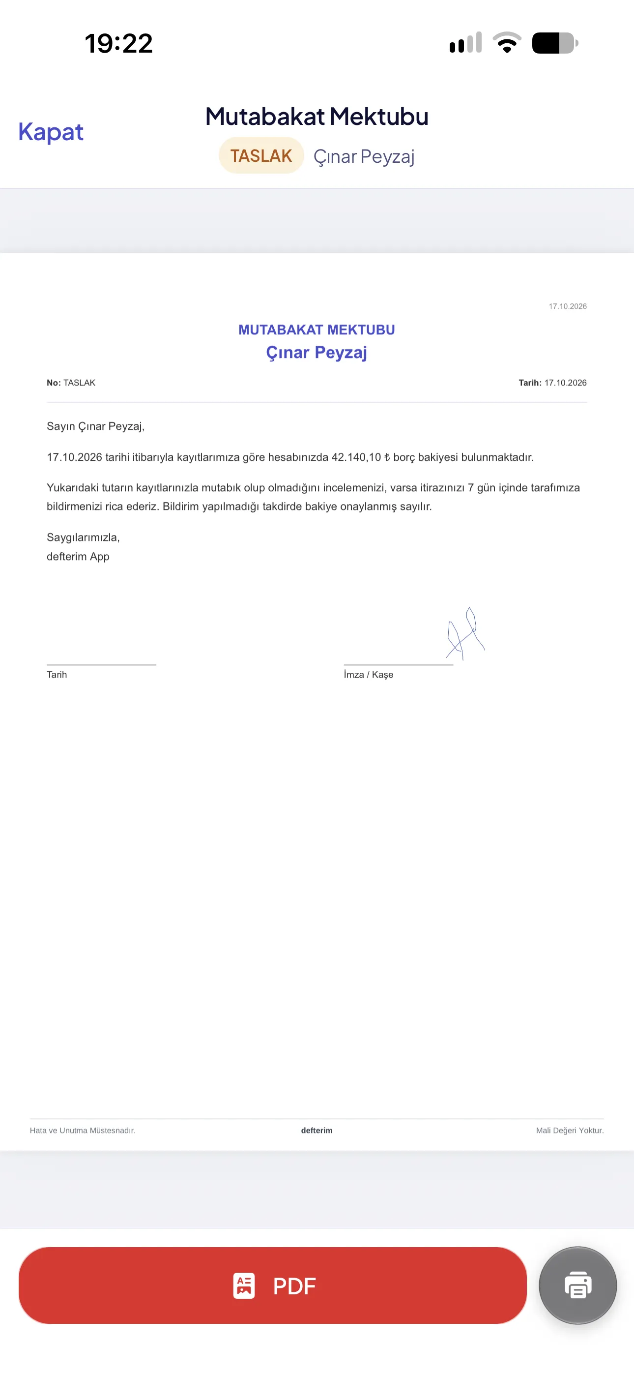defterim Mutabakat mektubu PDF önizlemesi